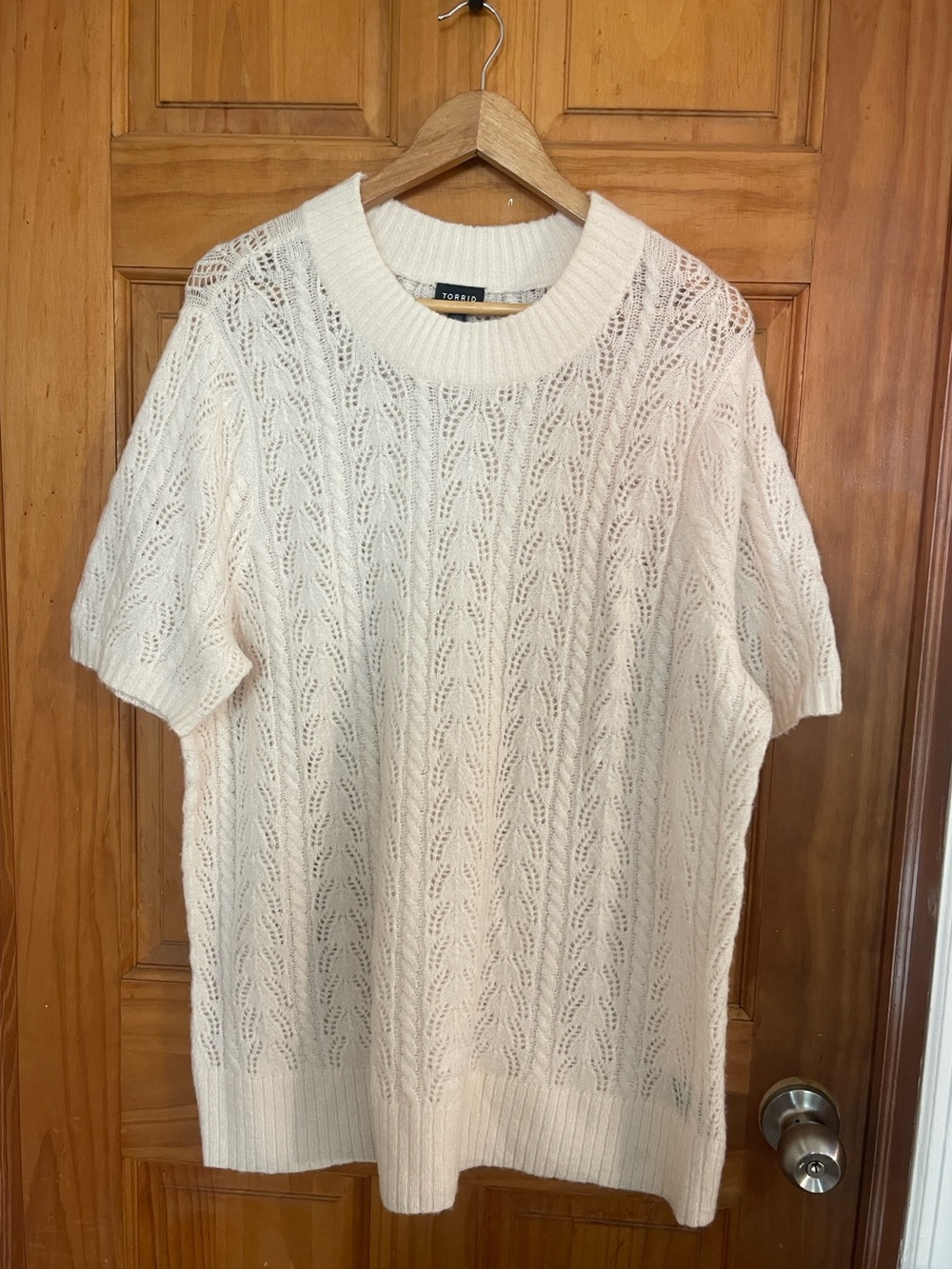Torrid Cream Open-Knit Short Sleeve Crew Sweater